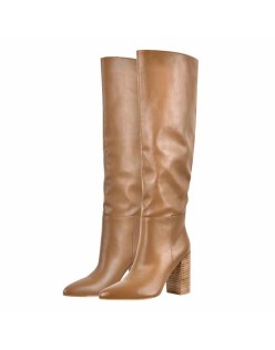Pull On Chunky Block Heels Knee High Boots