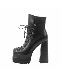 Black Double Platform Side Zipper Lace-up Ankle Boots