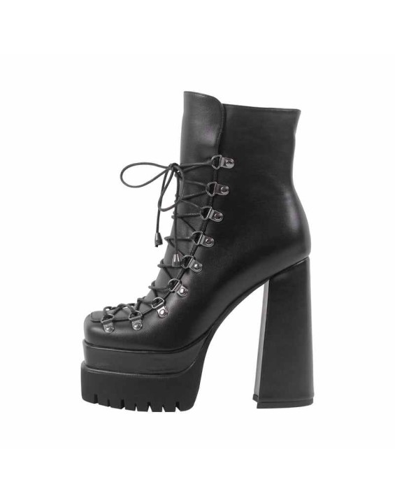 Black Double Platform Side Zipper Lace-up Ankle Boots