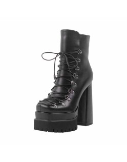 Black Double Platform Side Zipper Lace-up Ankle Boots