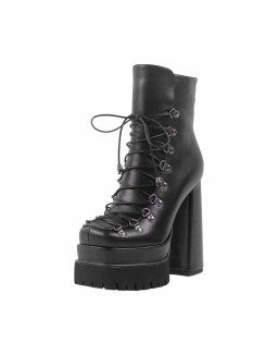Black Double Platform Side Zipper Lace-up Ankle Boots