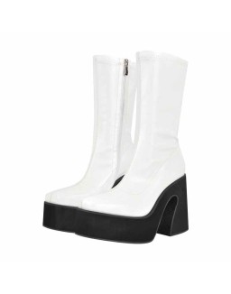 White Chunky Heel Side Zipper Boots