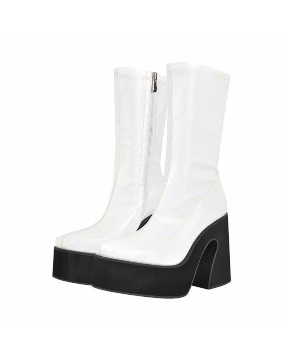 White Chunky Heel Side Zipper Boots