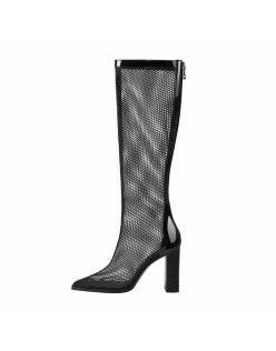 Black Mesh Square Toe Thigh High Boots