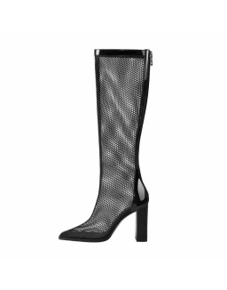 Black Mesh Square Toe Thigh High Boots