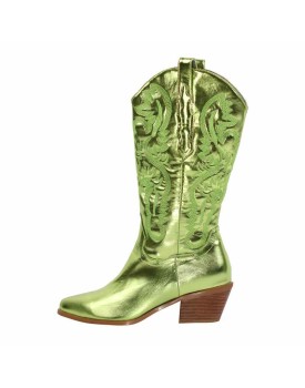 Green Embroidered Mid-Calf Western Boots
