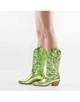 Green Embroidered Mid-Calf Western Boots