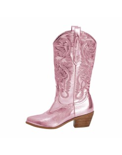 Pink Embroidered Mid-Calf Western Boots