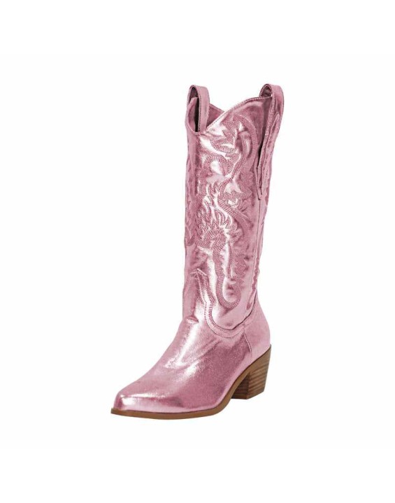Pink Embroidered Mid-Calf Western Boots