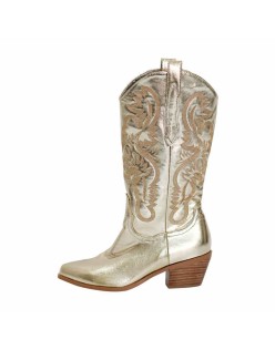 Gold Embroidered Mid-Calf Western Boots