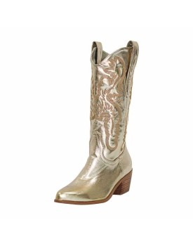Gold Embroidered Mid-Calf Western Boots