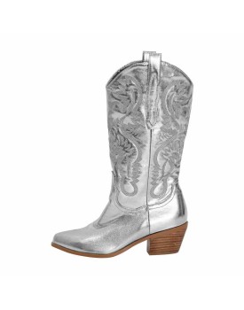 Silver Embroidered Mid-Calf Western Boots