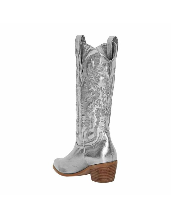Silver Embroidered Mid-Calf Western Boots