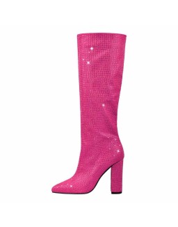 Pointed toe Chunky Heels Rhinestone Knee High Boots