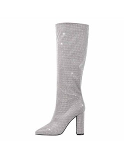 Pointed toe Chunky Heels Rhinestone Knee High Boots