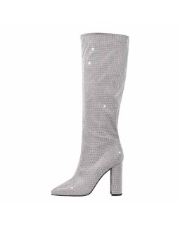 Pointed toe Chunky Heels Rhinestone Knee High Boots