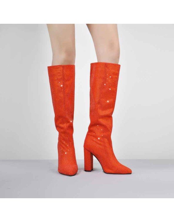 Pointed toe Chunky Heels Rhinestone Knee High Boots