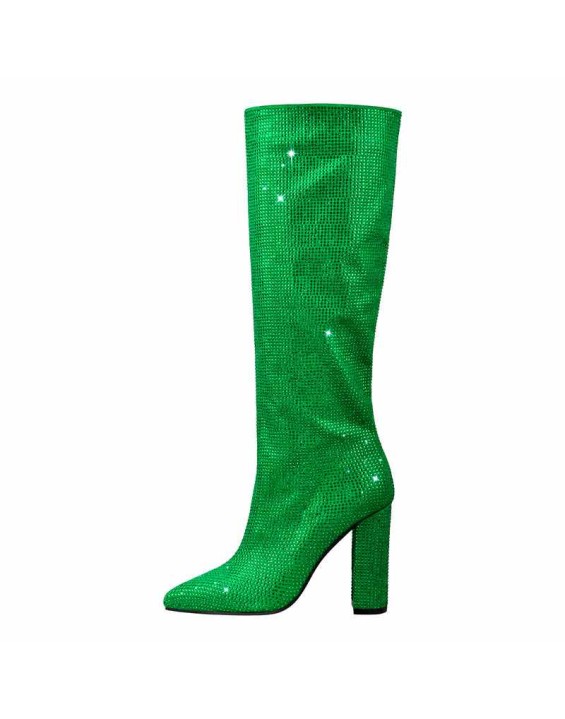 Pointed toe Chunky Heels Rhinestone Knee High Boots