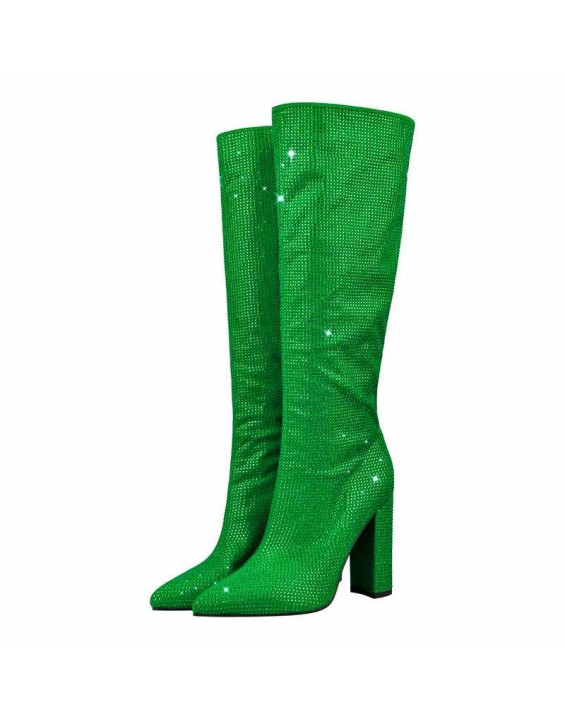 Pointed toe Chunky Heels Rhinestone Knee High Boots