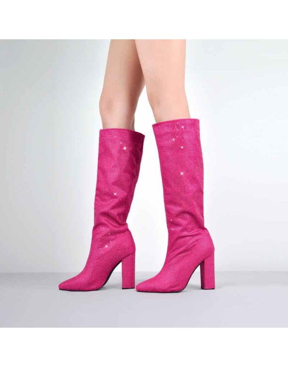 Pointed toe Chunky Heels Rhinestone Knee High Boots
