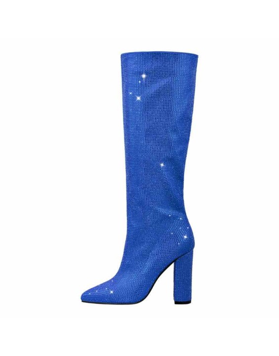 Pointed toe Chunky Heels Rhinestone Knee High Boots