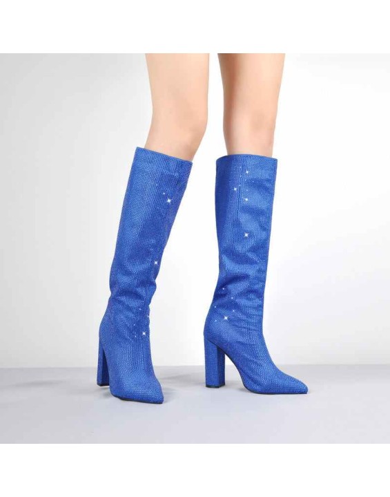 Pointed toe Chunky Heels Rhinestone Knee High Boots