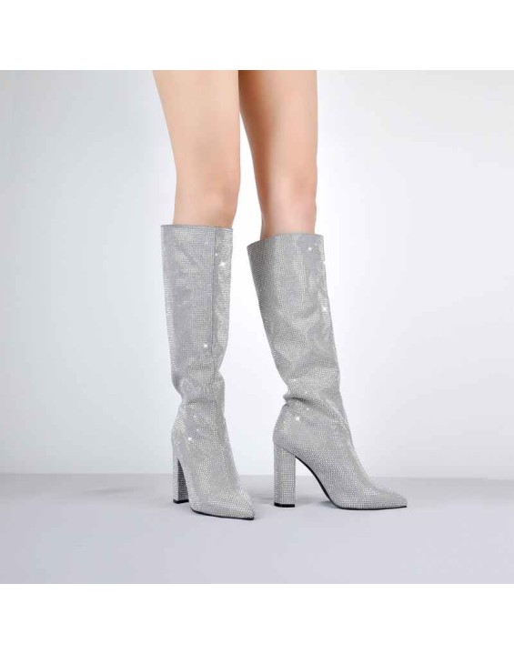 Pointed toe Chunky Heels Rhinestone Knee High Boots
