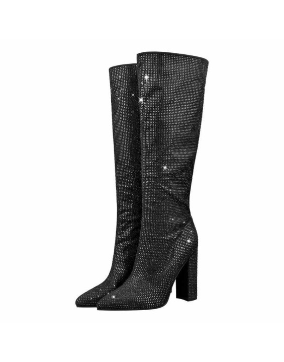 Pointed toe Chunky Heels Rhinestone Knee High Boots