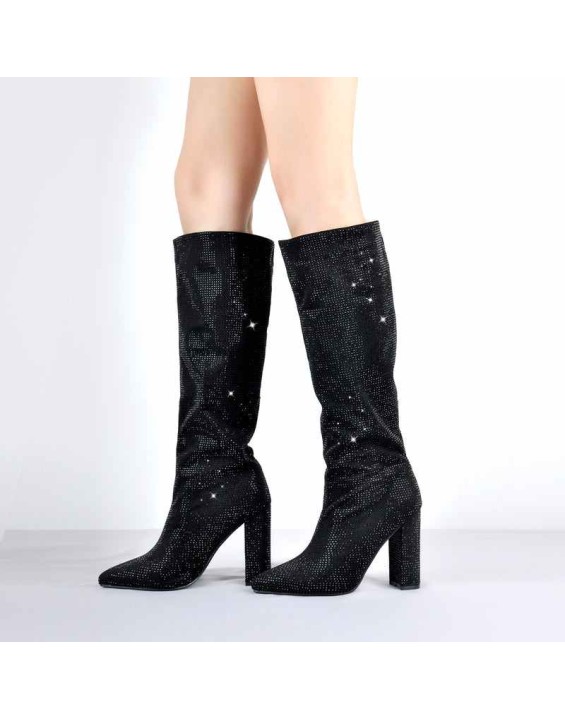 Pointed toe Chunky Heels Rhinestone Knee High Boots