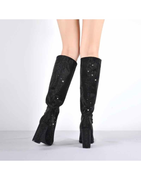 Pointed toe Chunky Heels Rhinestone Knee High Boots