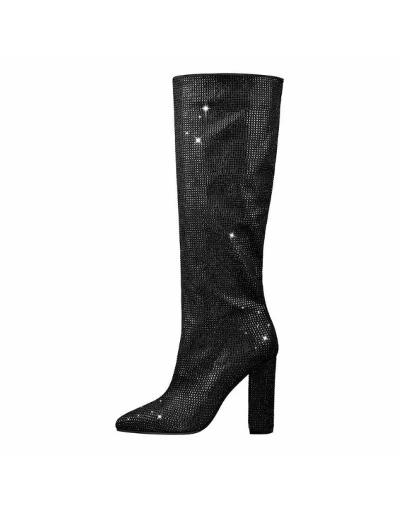 Pointed toe Chunky Heels Rhinestone Knee High Boots
