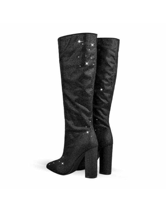 Pointed toe Chunky Heels Rhinestone Knee High Boots