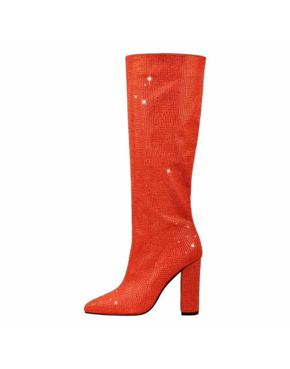 Pointed toe Chunky Heels Rhinestone Knee High Boots
