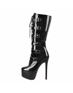 Black Patent Leather Platform Lace Up Knee High Boots