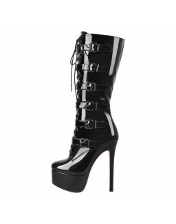 Black Patent Leather Platform Lace Up Knee High Boots