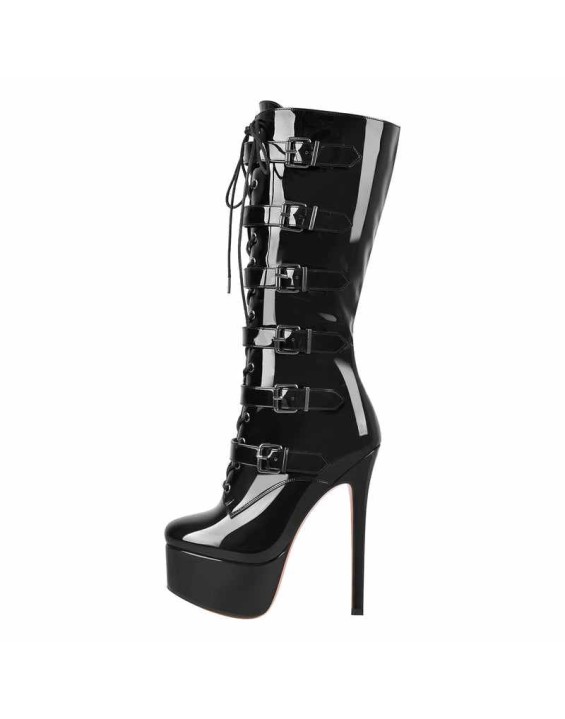 Black Patent Leather Platform Lace Up Knee High Boots