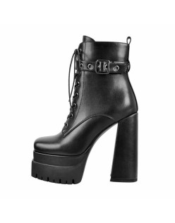 Black Lace up Zipper Chunky Ankle Boots