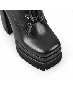 Black Lace up Zipper Chunky Ankle Boots