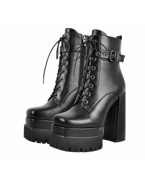 Black Lace up Zipper Chunky Ankle Boots