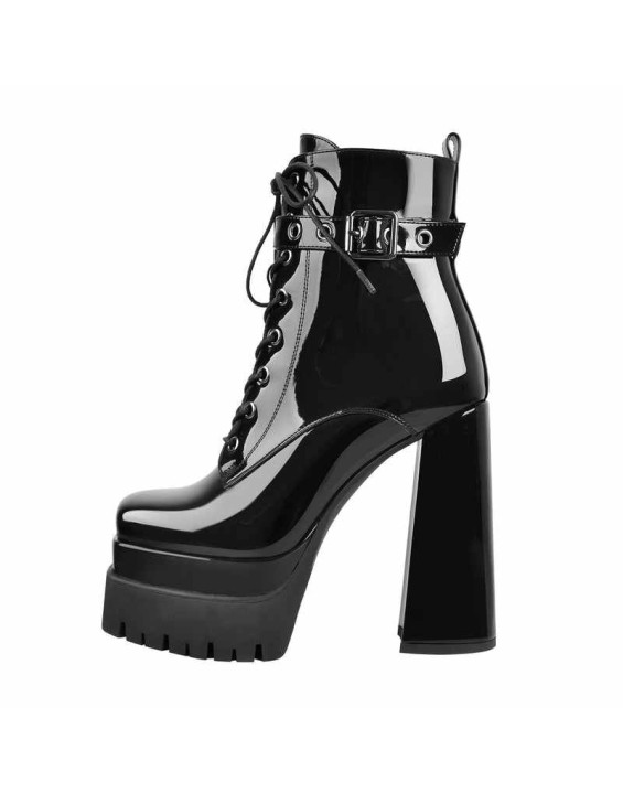 Black Lace up Zipper Chunky Ankle Boots