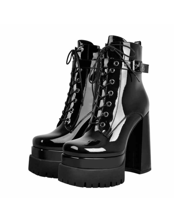 Black Lace up Zipper Chunky Ankle Boots