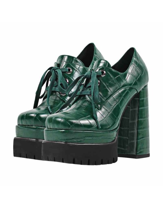 Double Platform Leather Patterned Lace Up Pumps