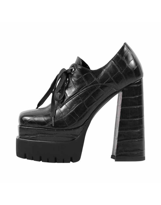 Double Platform Leather Patterned Lace Up Pumps