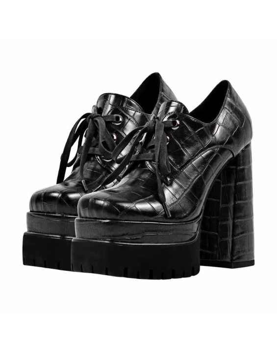 Double Platform Leather Patterned Lace Up Pumps