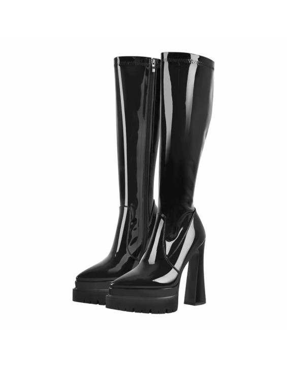 Black Pointed Toe Double Platform Knee High Boots