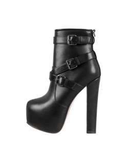Round Toe Platform Chunky Buckle Zipper Ankle Boots