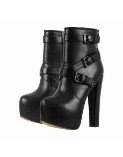 Round Toe Platform Chunky Buckle Zipper Ankle Boots