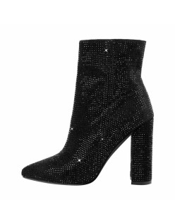 Pointed Toe Rhinestone Chunky Heel Ankle Boots