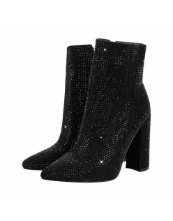 Pointed Toe Rhinestone Chunky Heel Ankle Boots