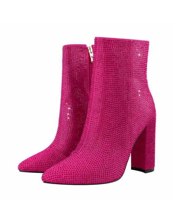 Pointed Toe Rhinestone Chunky Heel Ankle Boots